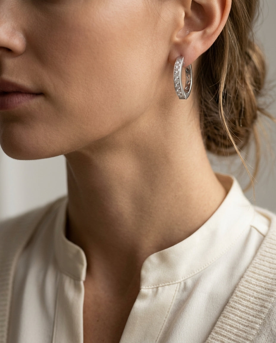 Diamond Princess Cut Hindged Back Channel Hoop Earrings In 18k White Gold (1.5 Ctw) — editorial close-up
