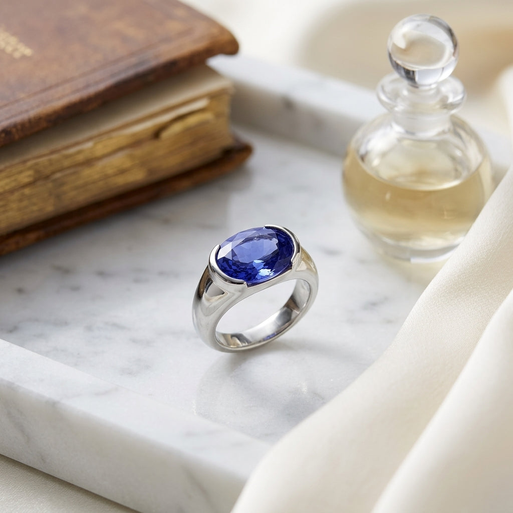 Tanzanite Oval Half-bezel Ring In 18k White Gold (14x10mm) — atelier still life