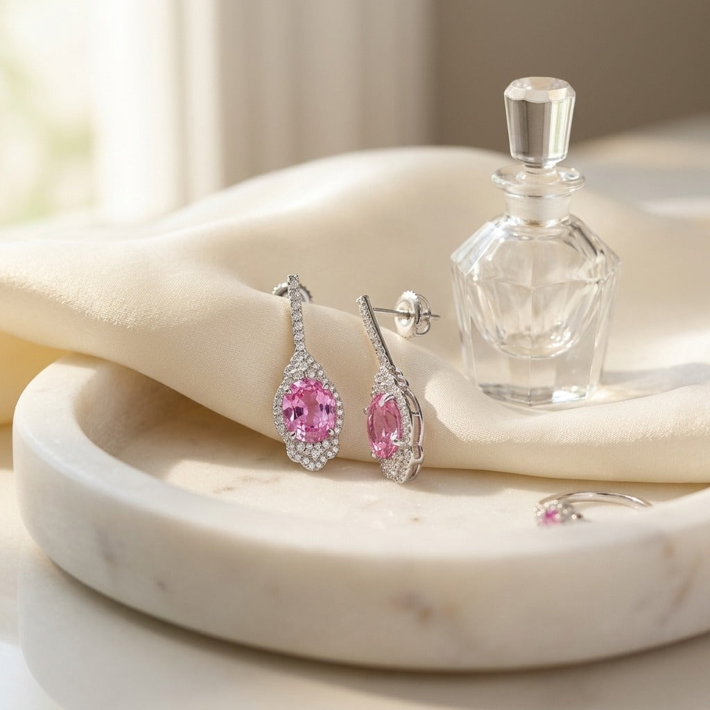 Pink Sapphire And Diamond Dangle Oval Earrings In 18k White Gold — marble silk