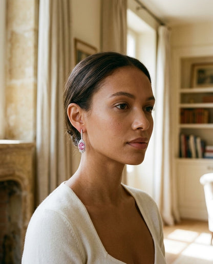Pink Sapphire And Diamond Dangle Oval Earrings In 18k White Gold — portrait close