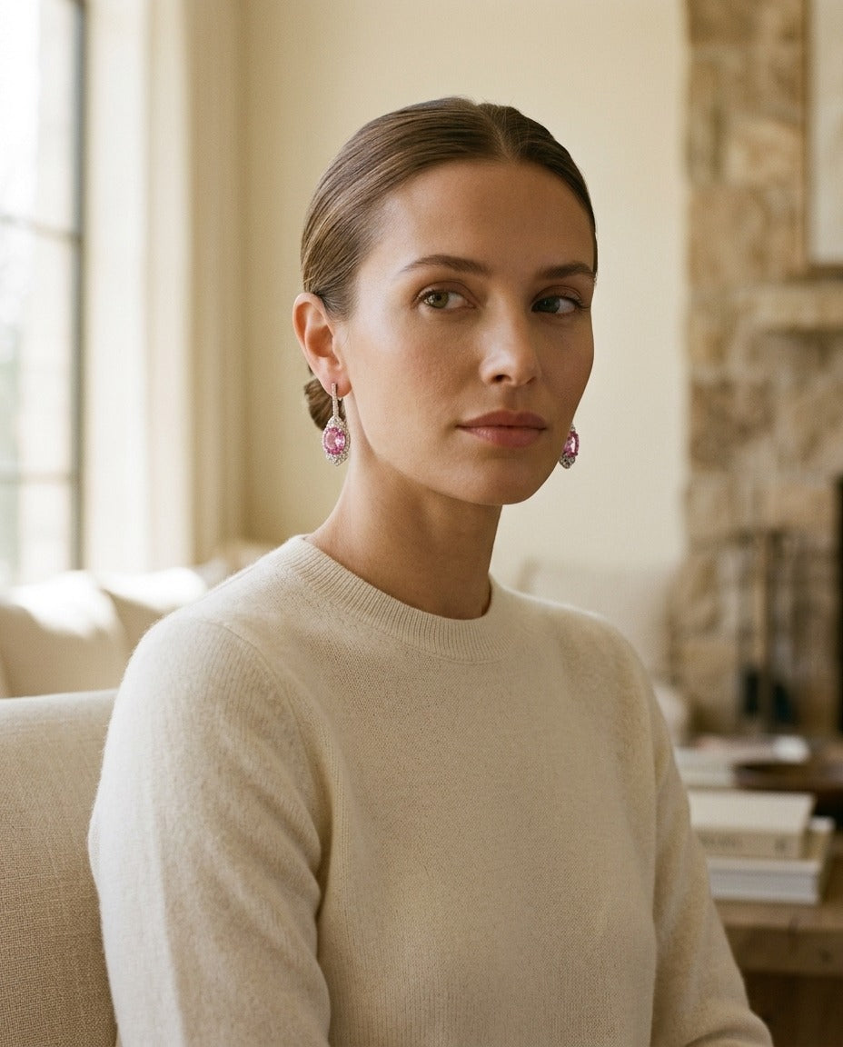 Pink Sapphire And Diamond Dangle Oval Earrings In 18k White Gold — portrait full