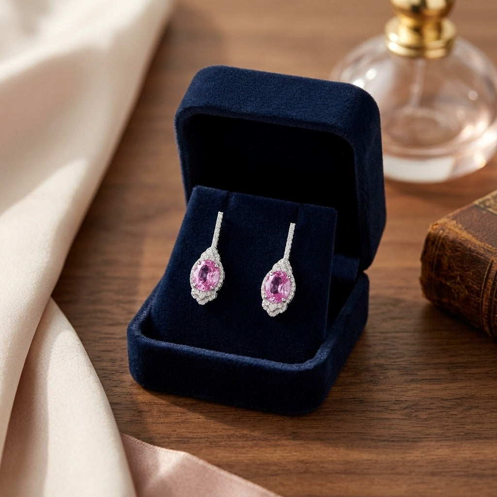 Pink Sapphire And Diamond Dangle Oval Earrings In 18k White Gold — velvet box