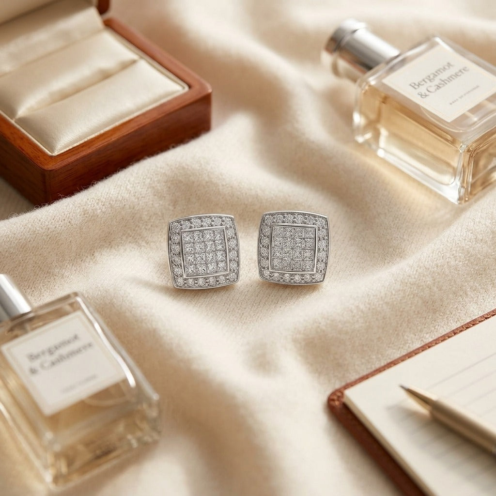 Diamond Pave Stud Earrings in 18k White Gold (1 Ct. Tw.) — textile flat lay