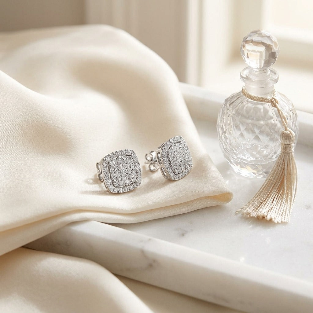 Diamond Pave Concave Square Earrings In 18k White Gold — marble silk