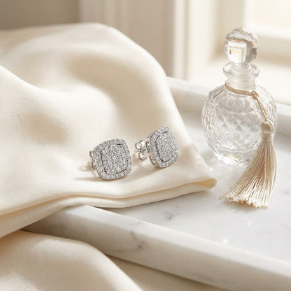 Diamond Pave Concave Square Earrings In 18k White Gold — marble silk