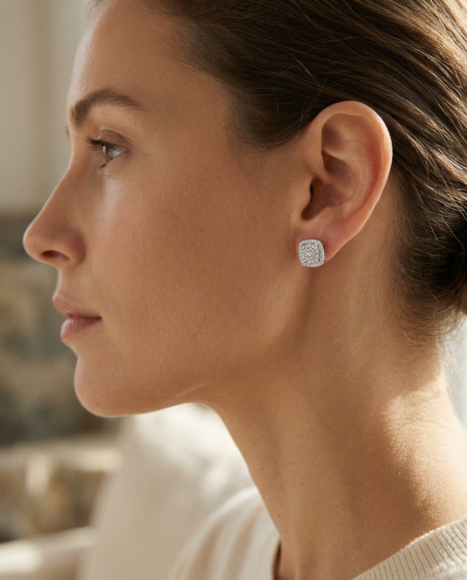Diamond Pave Concave Square Earrings In 18k White Gold — portrait close