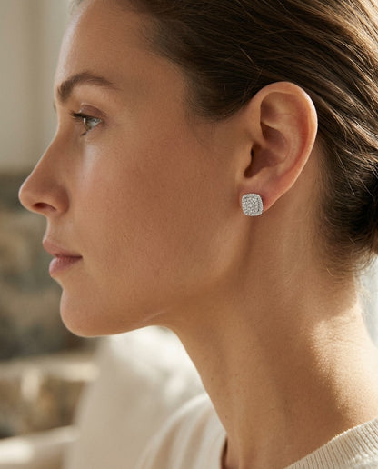Diamond Pave Concave Square Earrings In 18k White Gold — portrait close