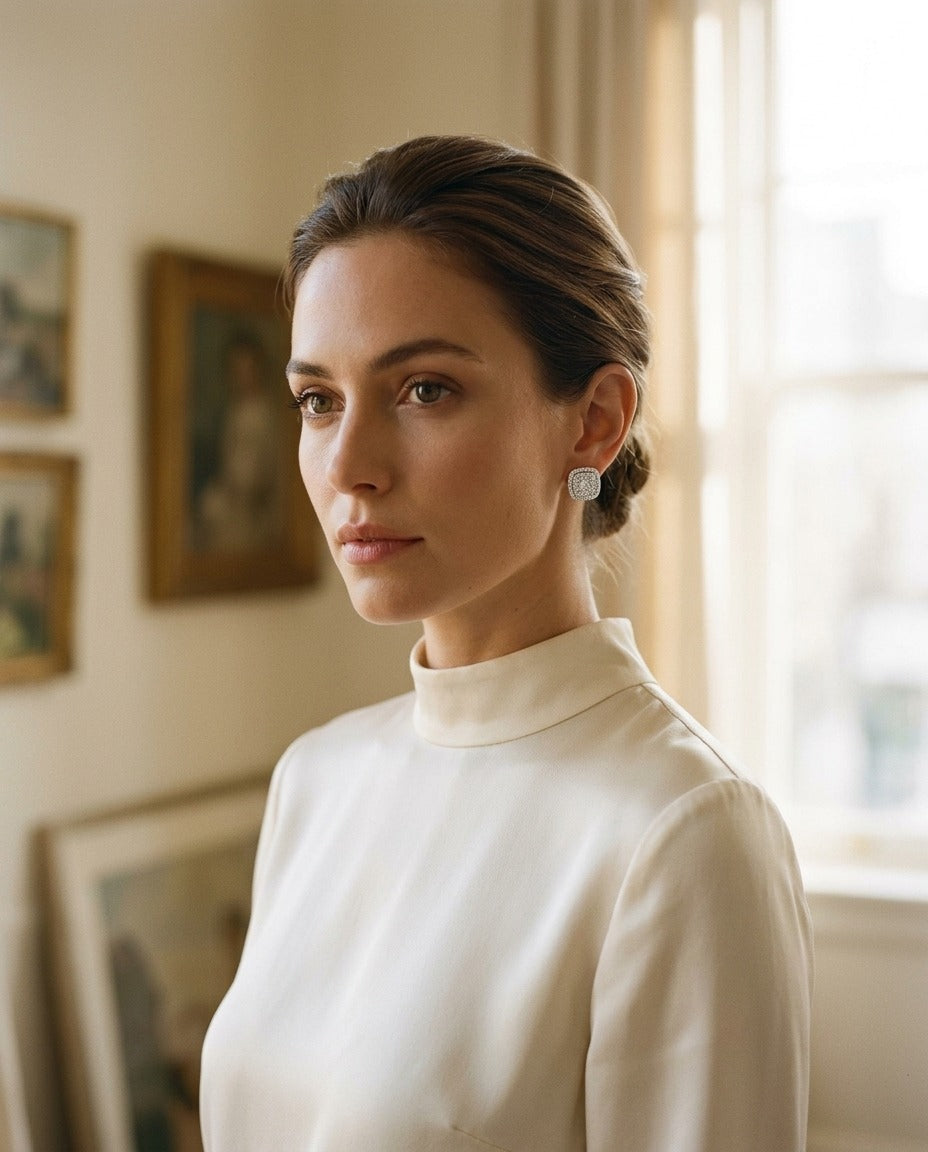 Diamond Pave Concave Square Earrings In 18k White Gold — portrait full