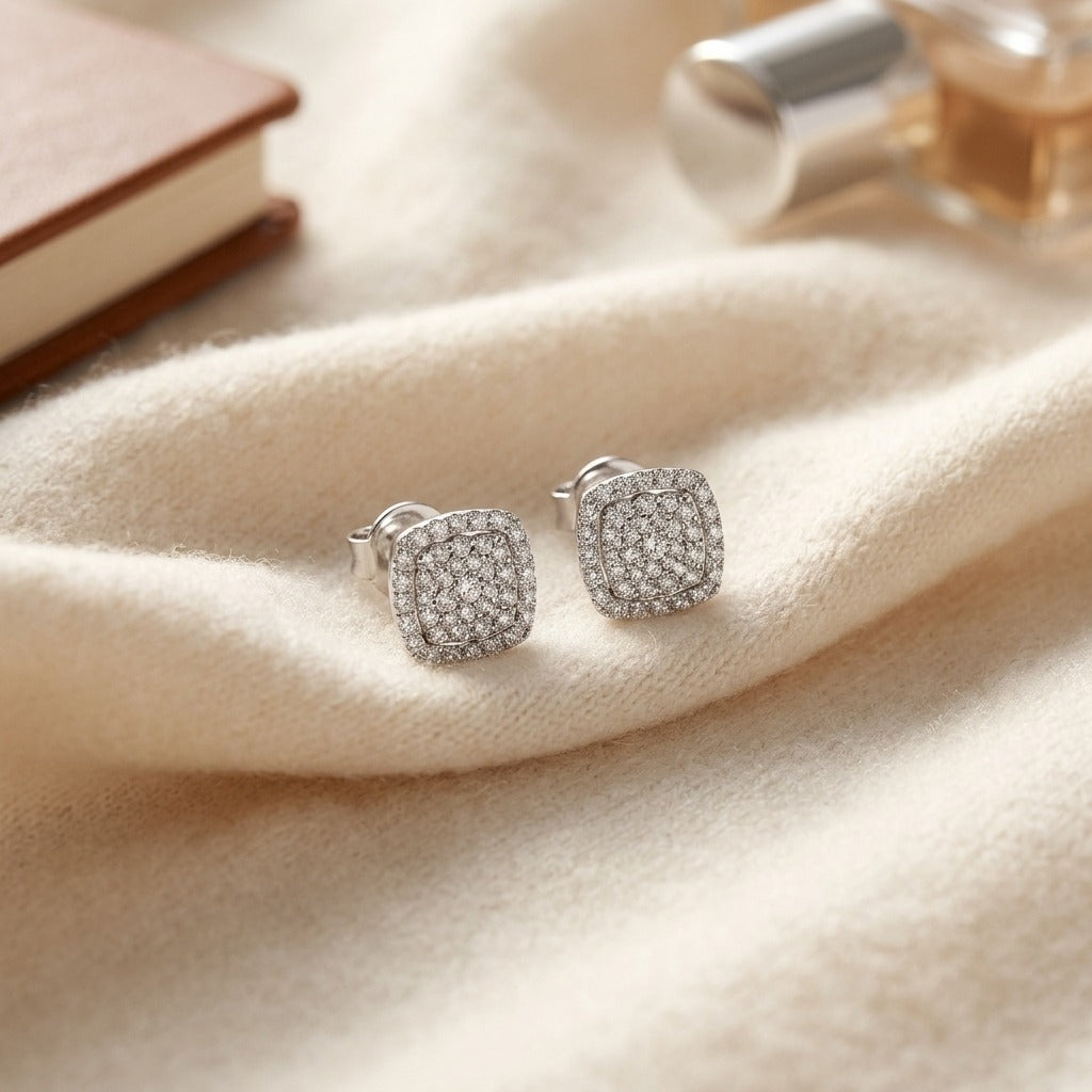 Diamond Pave Concave Square Earrings In 18k White Gold — textile flat lay
