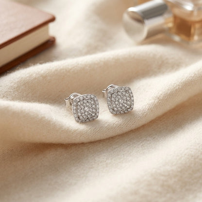 Diamond Pave Concave Square Earrings In 18k White Gold — textile flat lay