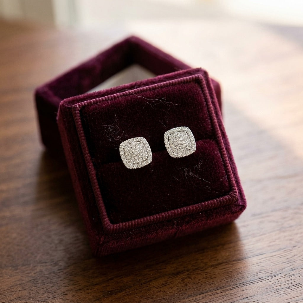 Diamond Pave Concave Square Earrings In 18k White Gold — velvet box