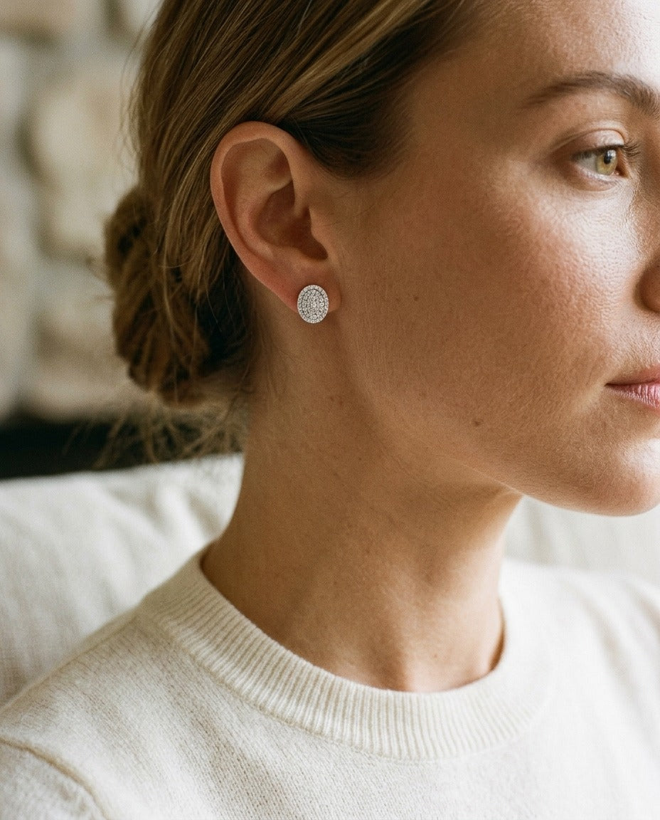 Diamond Pave Concave Oval Earrings In 18k White Gold 3/4ctw — portrait close