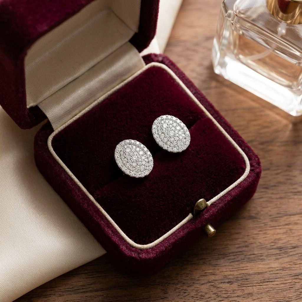 Diamond Pave Concave Oval Earrings In 18k White Gold 3/4ctw — velvet box