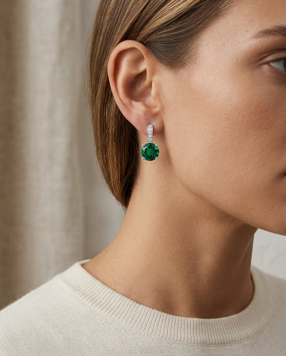 Created Emerald And Diamond Round Drop Earrings In 18k White Gold — editorial close-up