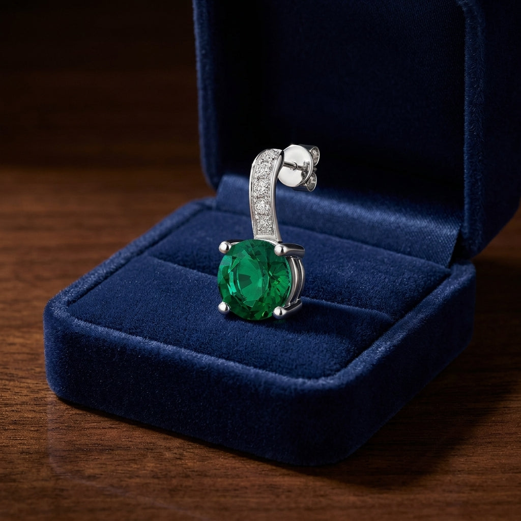 Created Emerald And Diamond Round Drop Earrings In 18k White Gold — gift presentation
