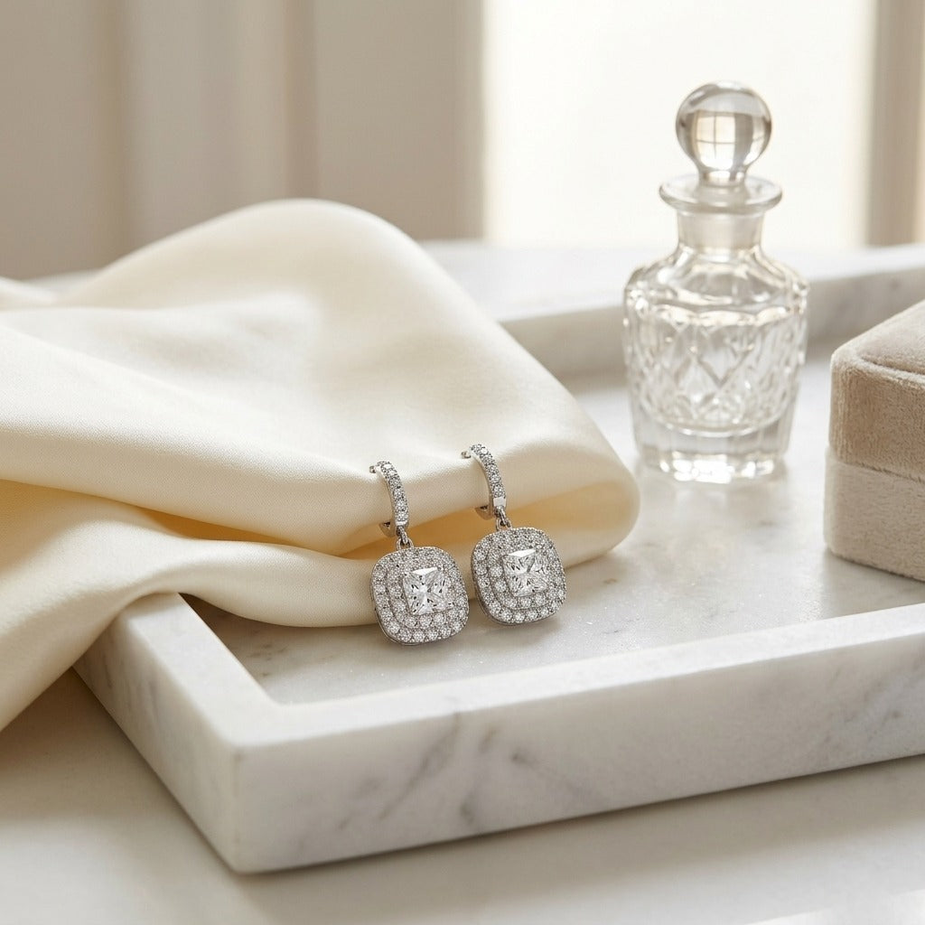 Diamond Cushion Double Halo Dangle Earrings In 18k White Gold — marble silk