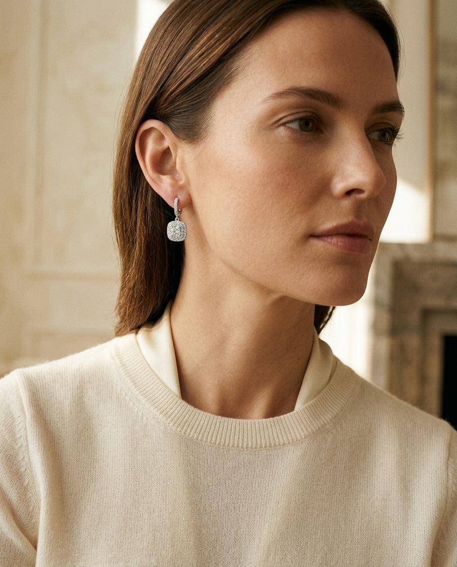 Diamond Cushion Double Halo Dangle Earrings In 18k White Gold — portrait close