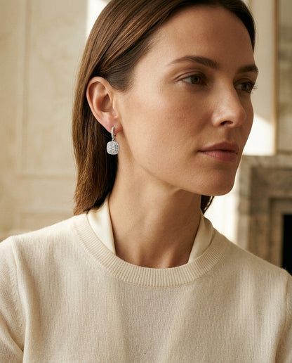 Diamond Cushion Double Halo Dangle Earrings In 18k White Gold — portrait close