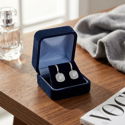Diamond Cushion Double Halo Dangle Earrings In 18k White Gold — velvet box