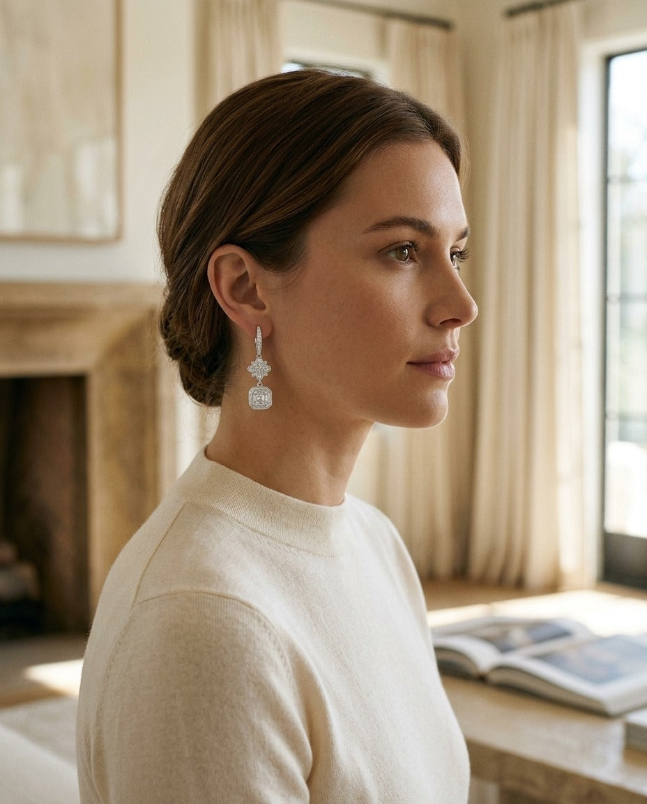 Diamond Asscher Cut Composite Dangle Drop Earrings In 18k White Gold — portrait close
