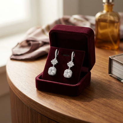 Diamond Asscher Cut Composite Dangle Drop Earrings In 18k White Gold — velvet box