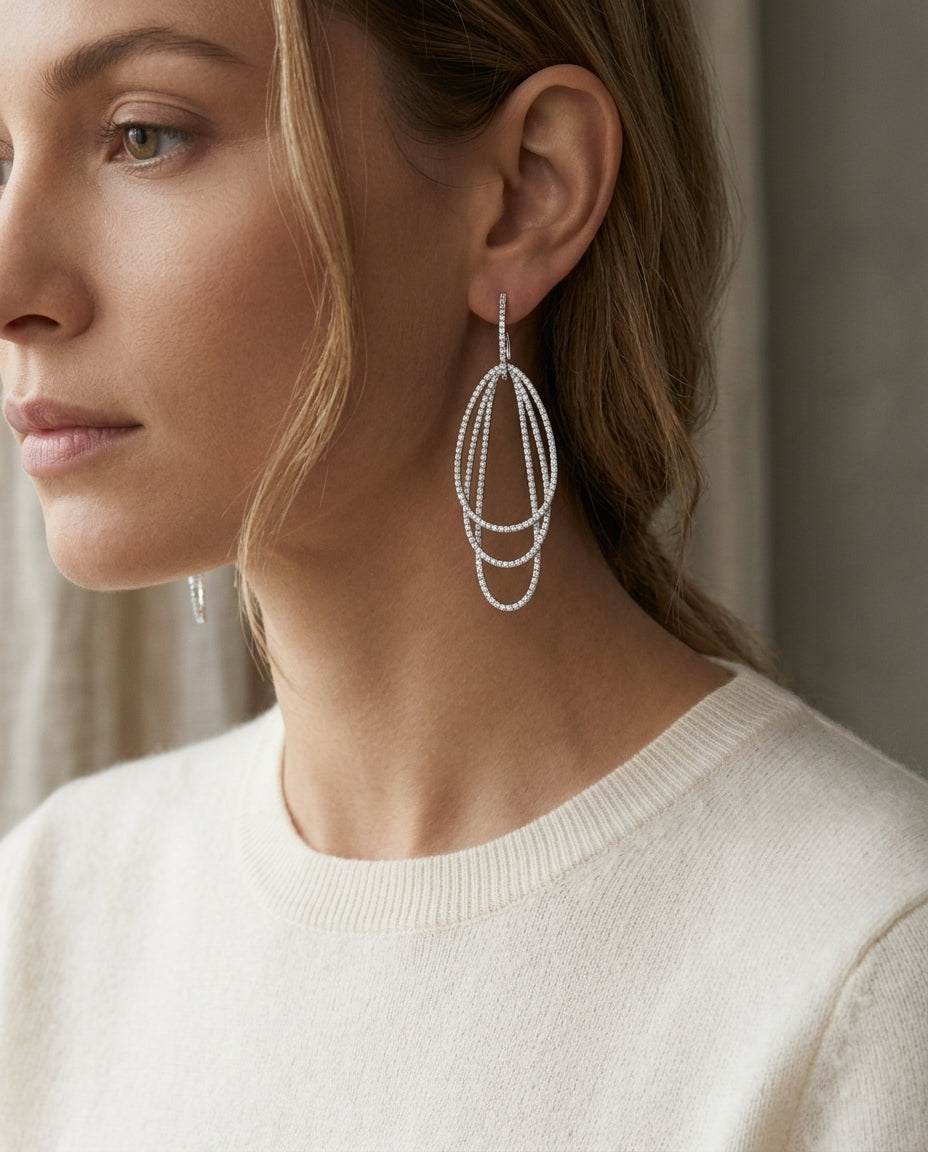 Triple Overlap Pear Shape Dangle Earrings In 18k White Gold (2 7/8 Ct.tw.) — editorial close-up