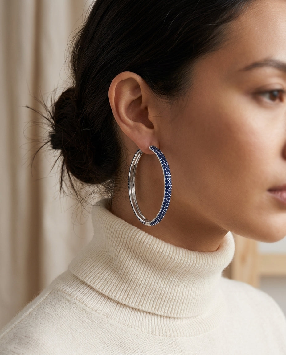 Sapphire Pave Hoop Earrings In 18k White Gold — editorial close-up