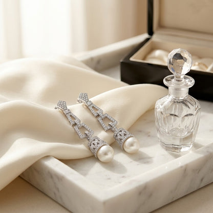 Pearl And Diamond Art Deco Dangle Earrings In 18k White Gold, Includes IGI Certificate — marble silk