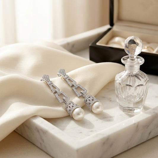 Pearl And Diamond Art Deco Dangle Earrings In 18k White Gold, Includes IGI Certificate — marble silk