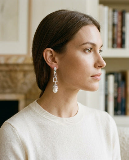 Pearl And Diamond Art Deco Dangle Earrings In 18k White Gold, Includes IGI Certificate — portrait close