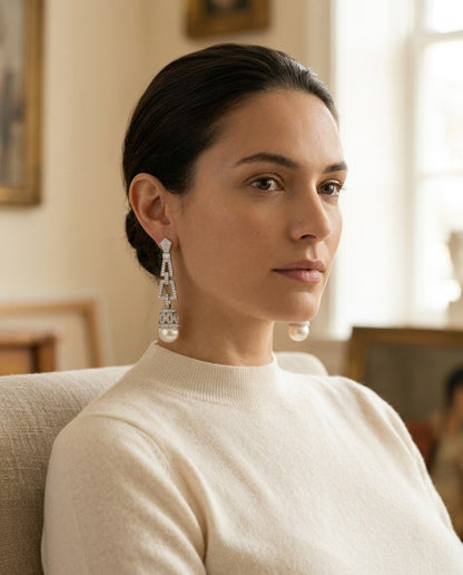 Pearl And Diamond Art Deco Dangle Earrings In 18k White Gold, Includes IGI Certificate — portrait full