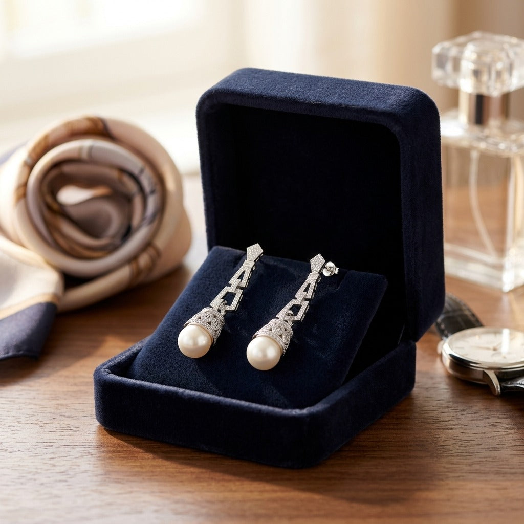 Pearl And Diamond Art Deco Dangle Earrings In 18k White Gold, Includes IGI Certificate — velvet box