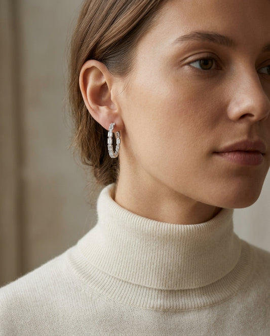 Round and Baguette Diamond Inside Out Hoop Earrings in 18k White Gold 2-1/8ctw — editorial close-up