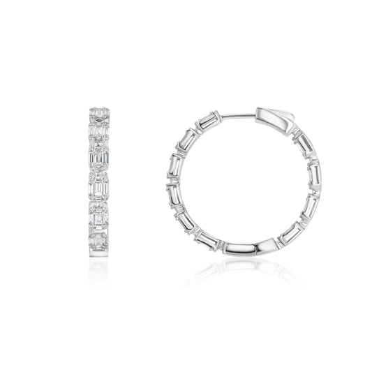 Round and Baguette Diamond Inside Out Hoop Earrings in 18K White Gold 2-1/8ctw