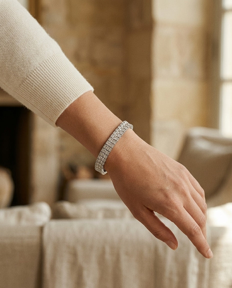 Princess and Round Diamond Tennis Bracelet in 14k White Gold (6-2/3 Ct. Tw.) — portrait close