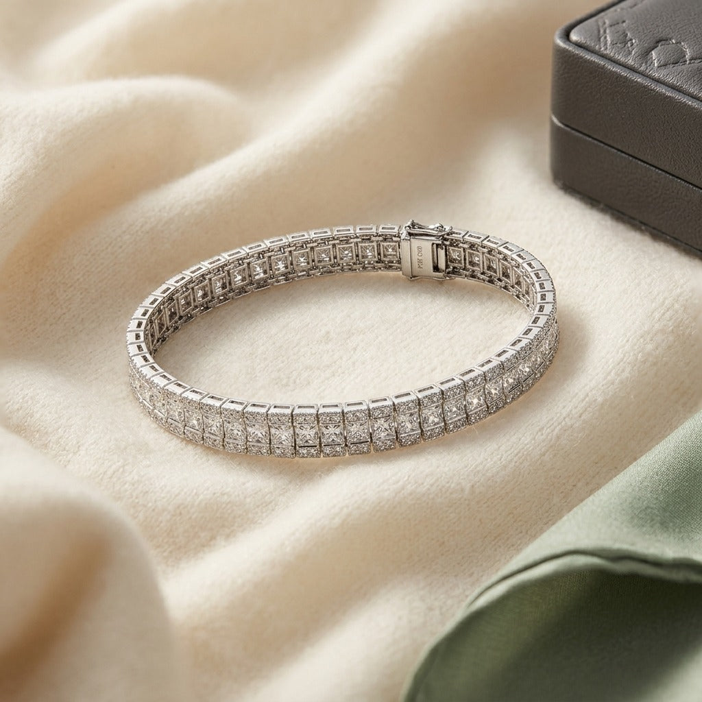 Princess and Round Diamond Tennis Bracelet in 14k White Gold (6-2/3 Ct. Tw.) — textile flat lay