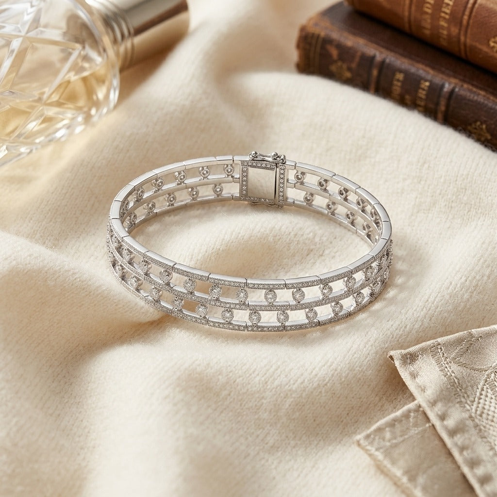 Double Row Floating Diamond Bracelet in 18k White Gold (6-3/4 Ct.tw.) — textile flat lay