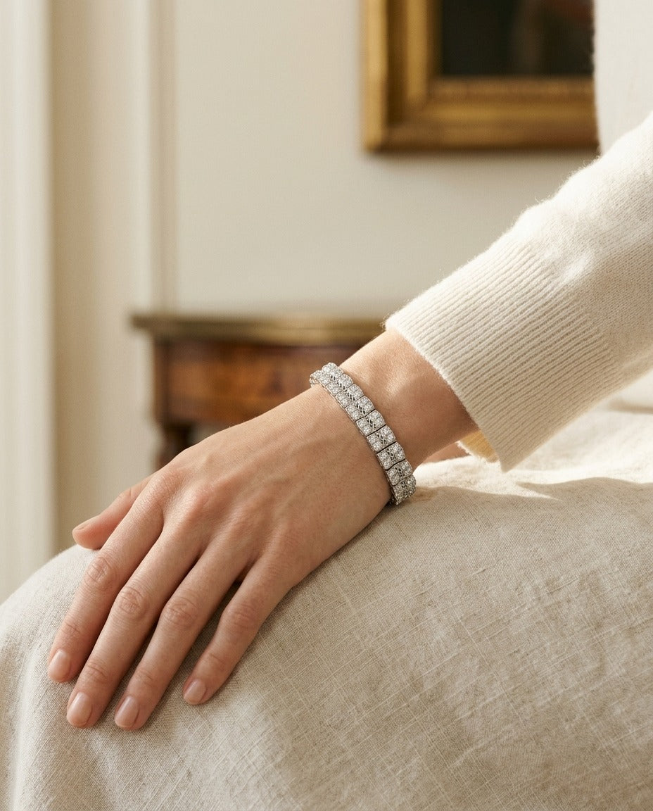 Multi Row Diamond Open Weave Millgrain Bracelet in 18k White Gold (5-1/2 Ct.tw.) — portrait close
