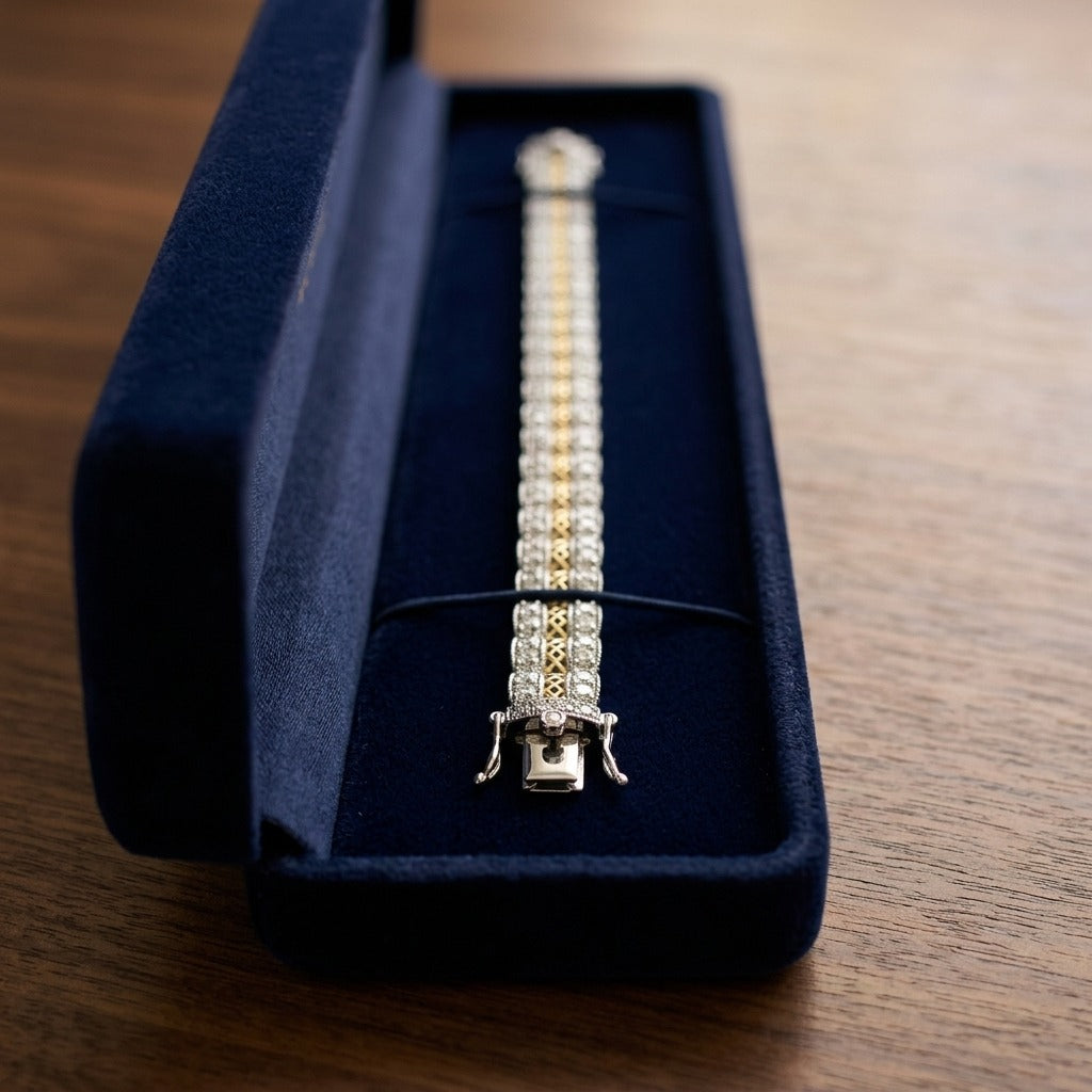 Multi Row Diamond Open Weave Millgrain Bracelet in 18k White Gold (5-1/2 Ct.tw.) — velvet box