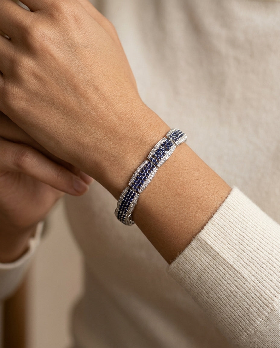 Sapphire & Diamond Pave Links Bracelet In 18k White Gold — editorial close-up