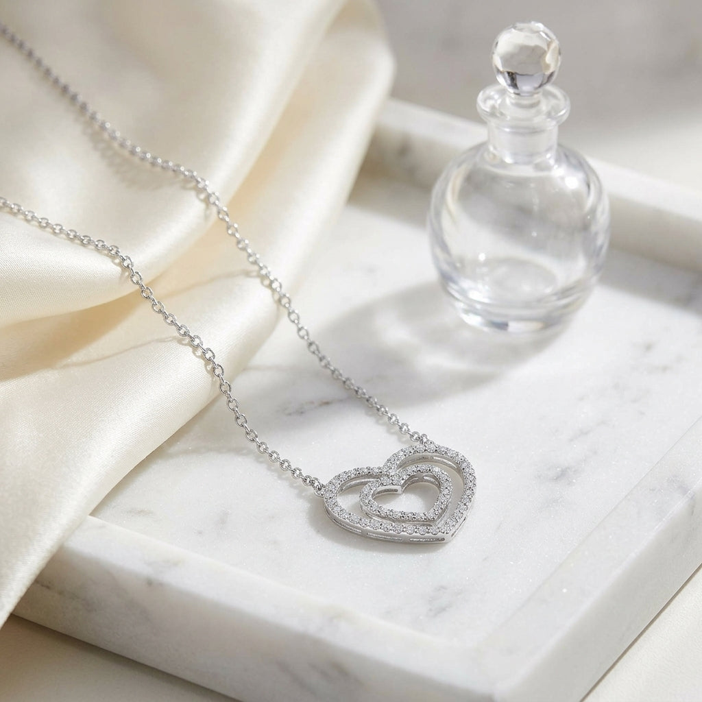 Diamond Concentric Double Heart Necklace In 18k White Gold — atelier still life