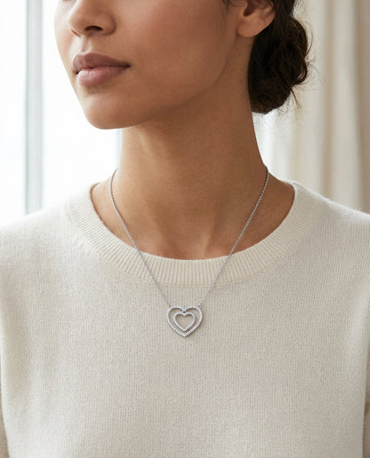 Diamond Concentric Double Heart Necklace In 18k White Gold — editorial close-up