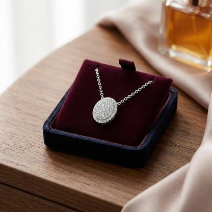 Diamond Pave Concave Oval Necklace In 18k White Gold 1/2ctw — velvet box