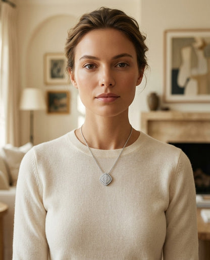 Diamond Pave Cushion Cluster Necklace In 18k White Gold 1/2ctw — portrait close