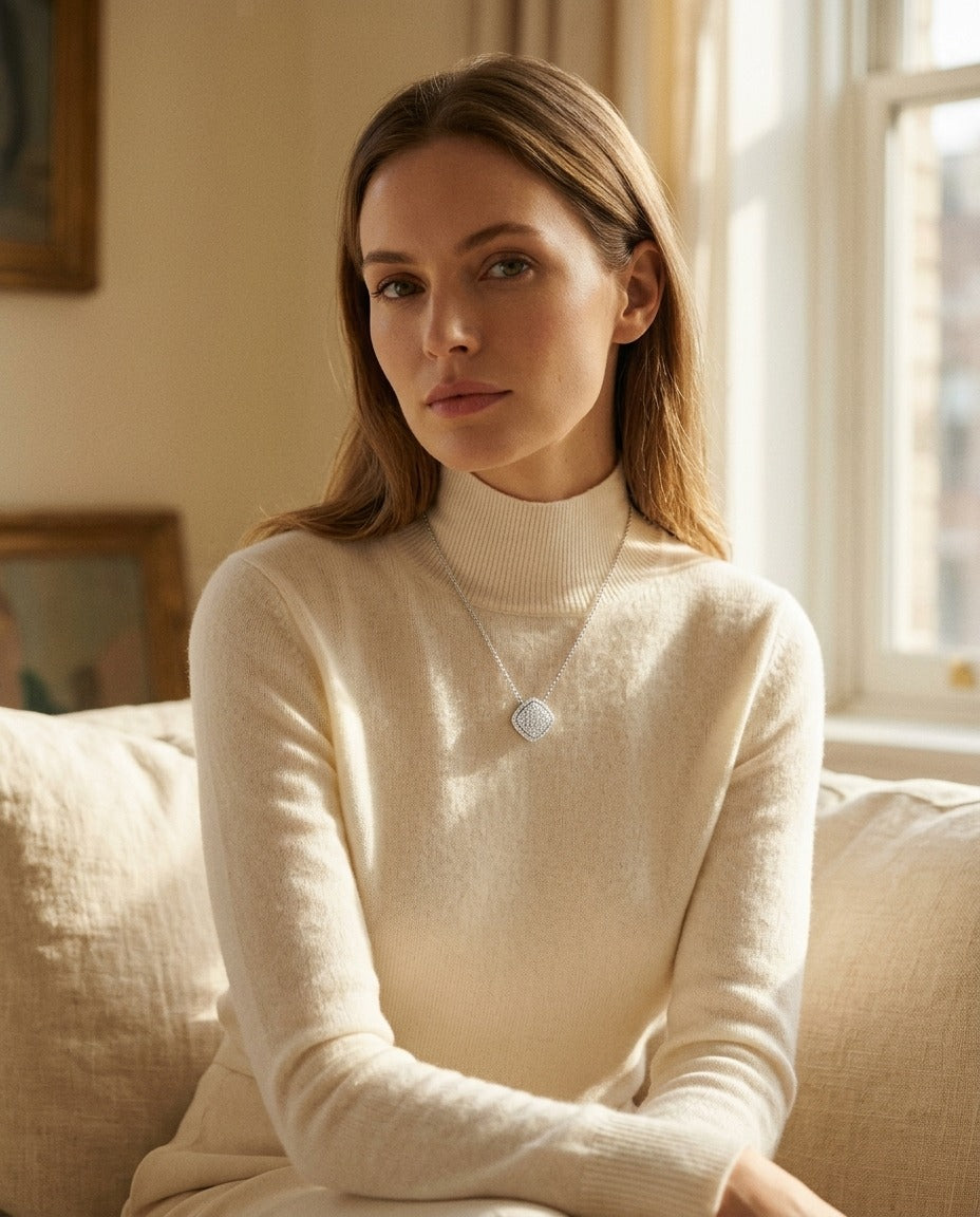 Diamond Pave Cushion Cluster Necklace In 18k White Gold 1/2ctw — portrait full