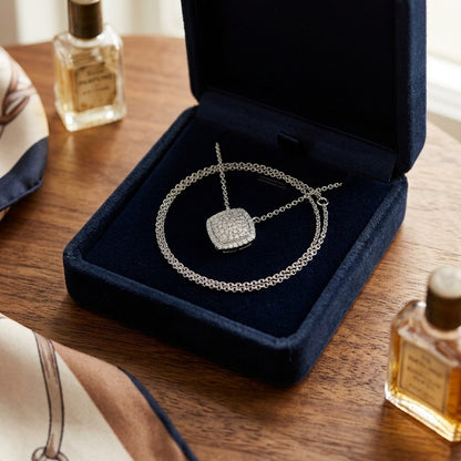 Diamond Pave Cushion Cluster Necklace In 18k White Gold 1/2ctw — velvet box
