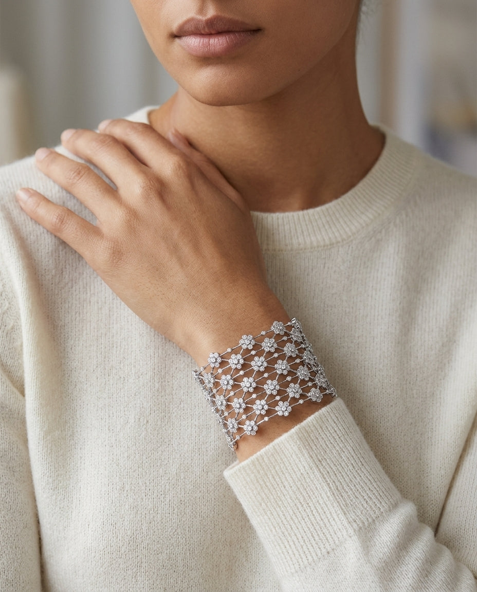 Multi Floral Cluster Bangle In 18k White Gold (2-3/8 Ct. Tw.) — editorial close-up