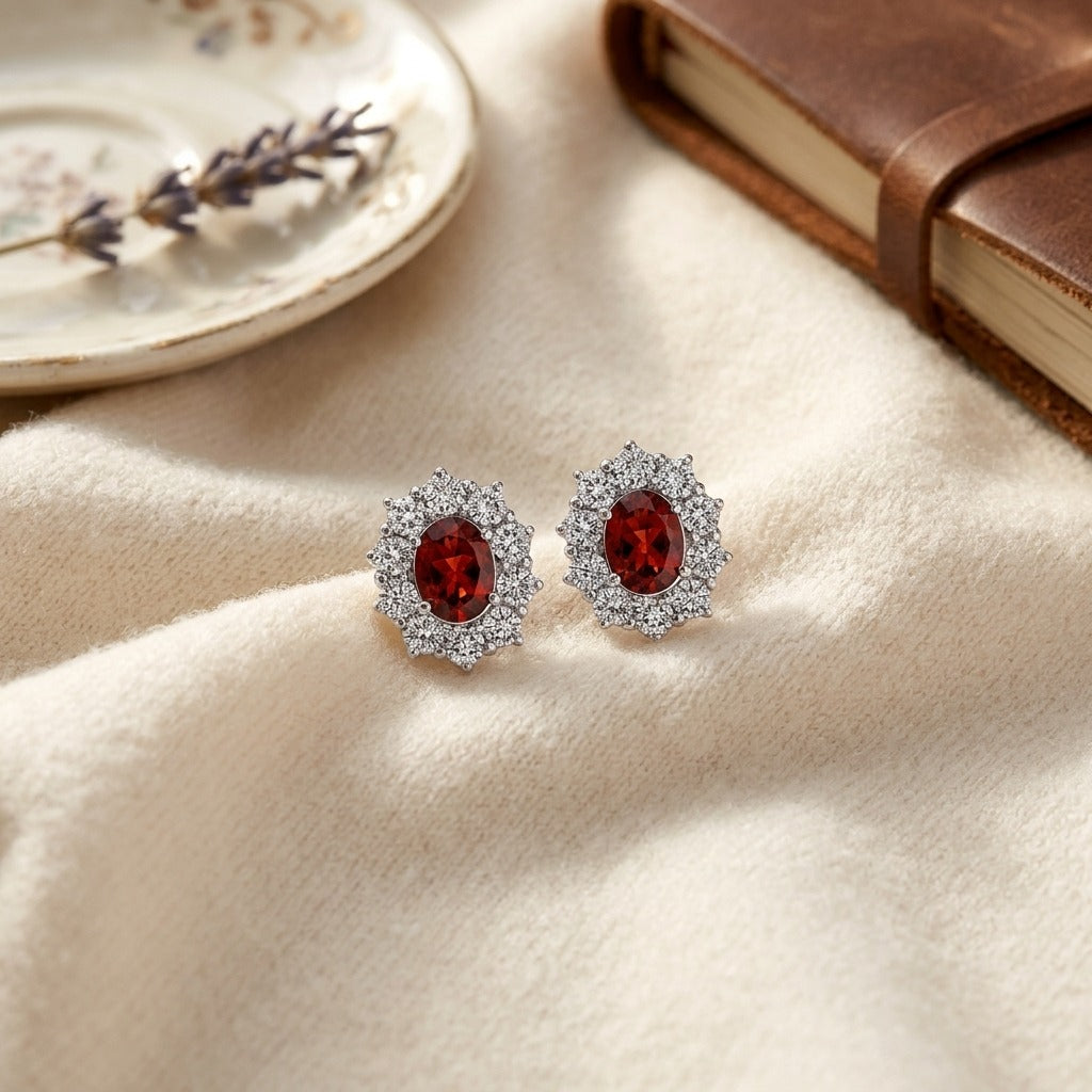 Pink Tourmaline Oval Prong Halo Earrings In 18k White Gold 2Ctw — textile flat lay
