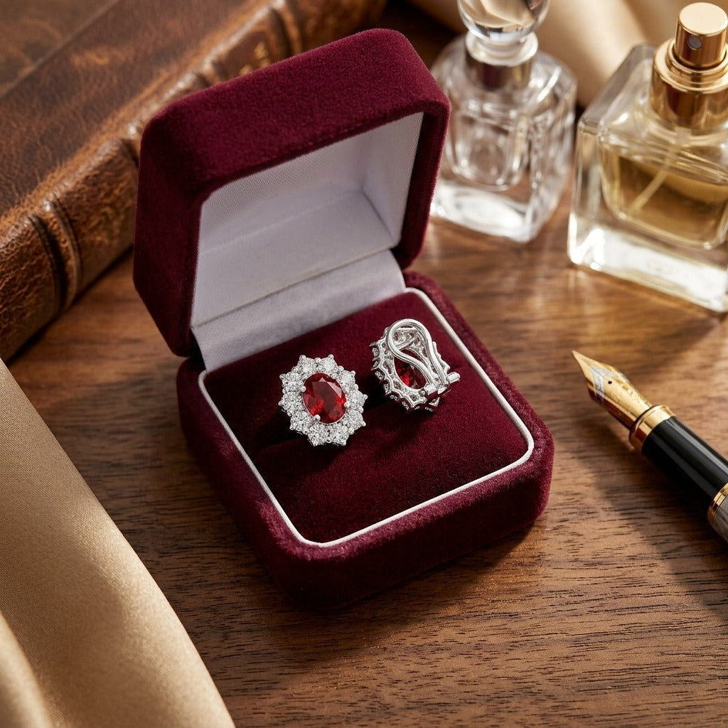 Pink Tourmaline Oval Prong Halo Earrings In 18k White Gold 2Ctw — velvet box