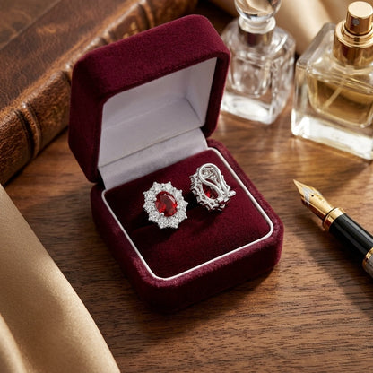 Pink Tourmaline Oval Prong Halo Earrings In 18k White Gold 2Ctw — velvet box